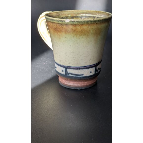 Studio Artisan Pottery Coffee Mug Green and Brown Glaze Line Accent Cup Rustic - Picture 5 of 10
